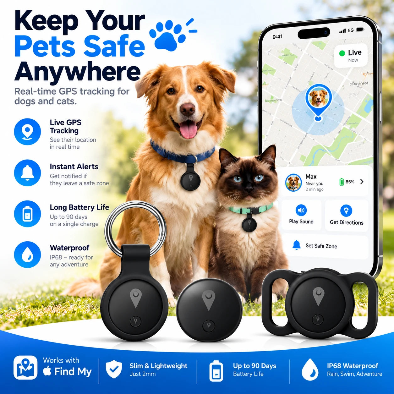Pet FindTag shown on dog and cat collars