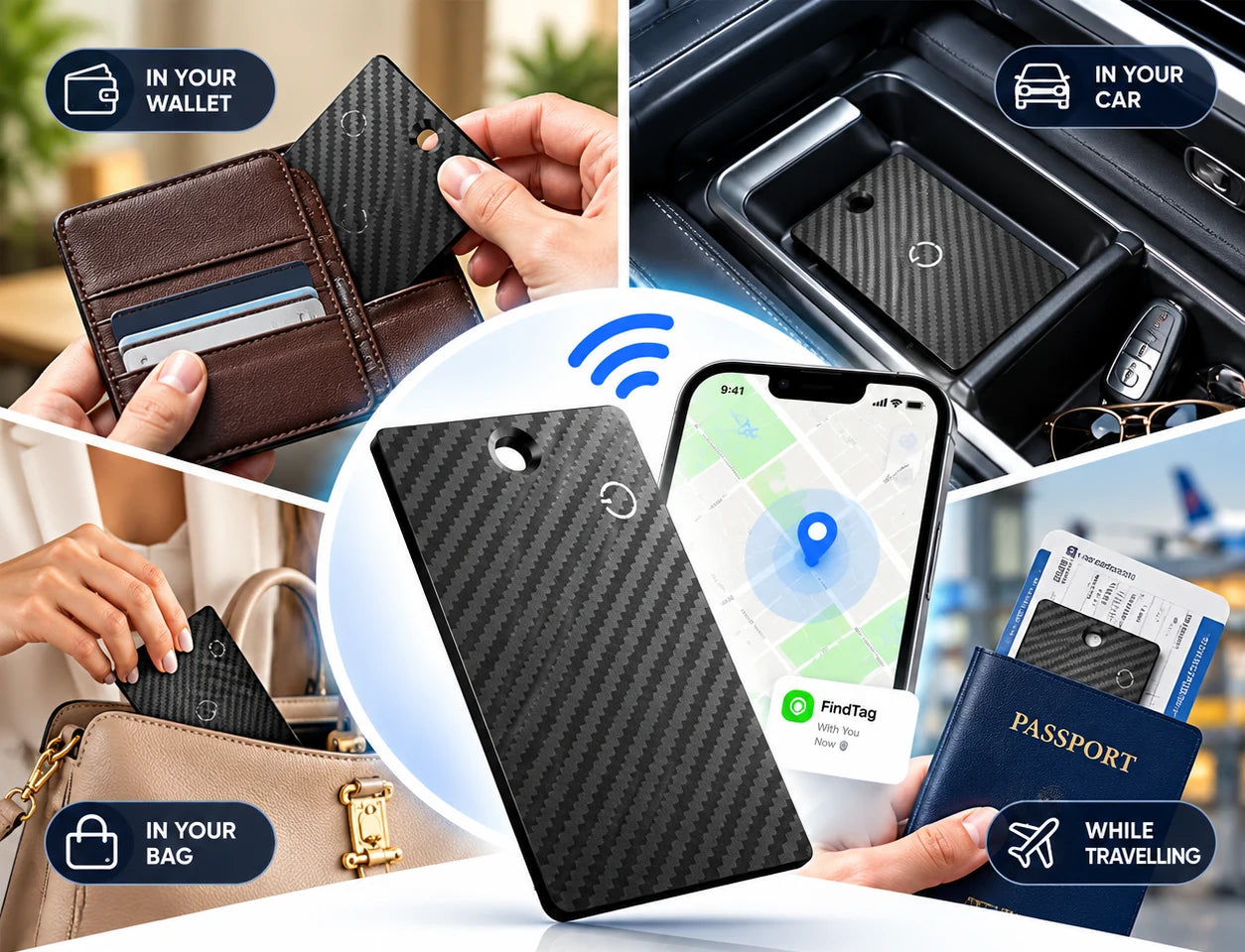 Real carbon-fibre Card FindTag use cases