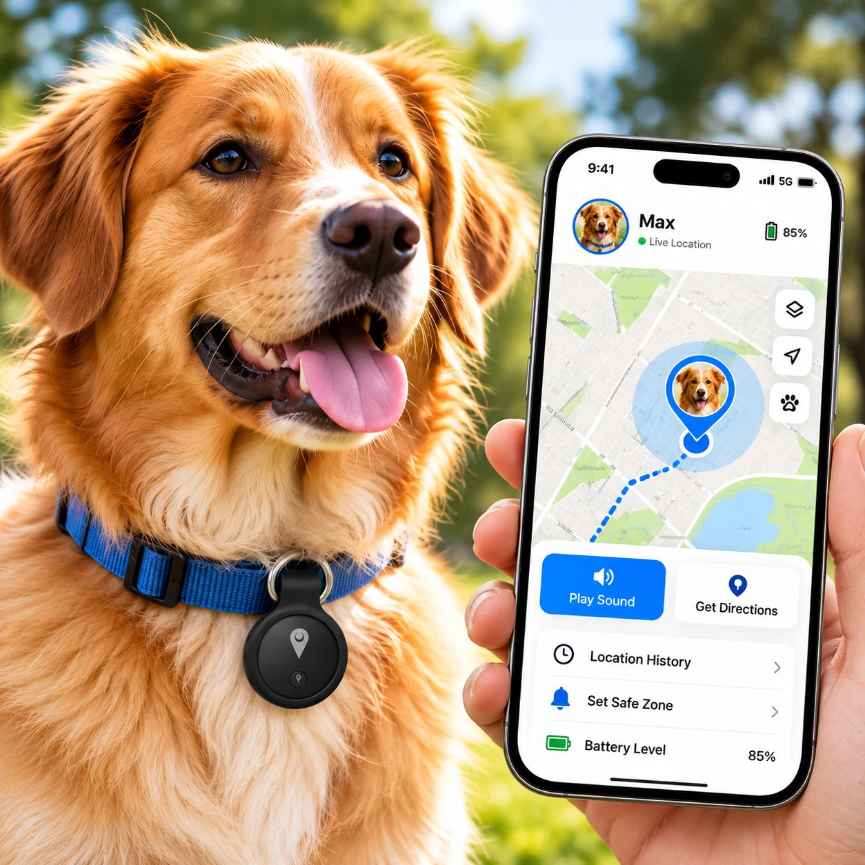 Golden retriever wearing Pet FindTag while its owner checks the phone location